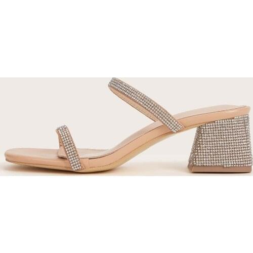 Women Rhinestone Square Toe Mid Heel Slipper Sandals Ladies Outside Party Dress Slides Trendy Shoes Apricot
