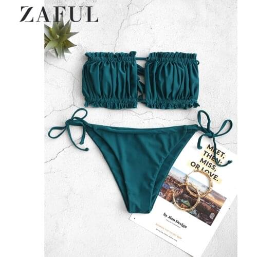ZAFUL Bikini Set Ruffle Strapless Tie Side Bikini Women Swimwear Sexy High Cut Strapless Low Waisted Padded Bikini Femme 2019