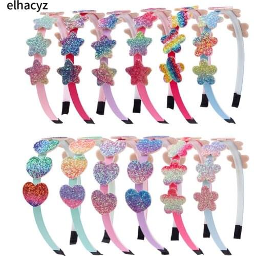 12pcs/lot New Cute Glitter Flowers Hair Band Shiny Hearts Headband Bling Stars Hairband Girls Sweet Headwear Hair Accessories