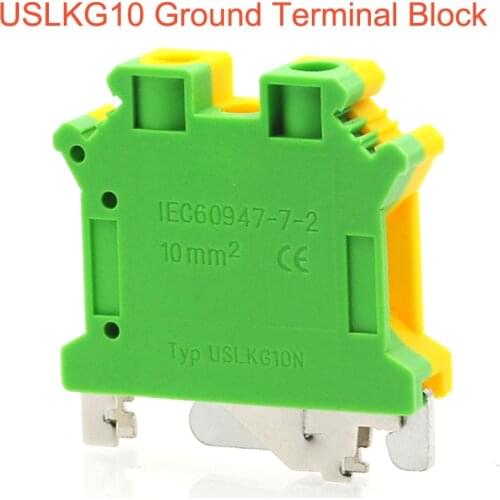 2Pcs Ground Terminal Blocks USLKG10 DIN Rail Screw Bornier UK-10N Yellow Green Earthing Morsettiera Connector 8AWG 10mm²