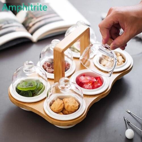 200ml Glass Lid Ceramic Dessert Plate Fruits Creative Division The Household With Cover Snack Plate Bamboo Rack Wood Tableware