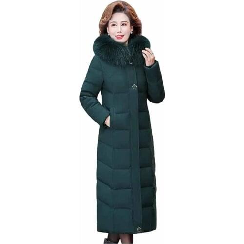 2020 Thicken Padded Jacket Middle Aged Women Winter Parka X-Long Fur Collar Hooded Down Cotton Coats Plus Size 5XL Outwear KW345