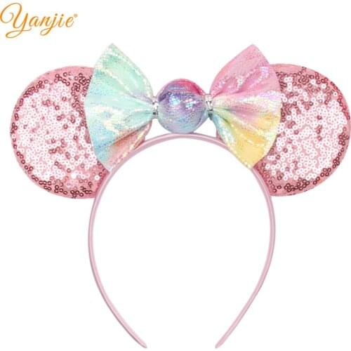 2020 New Arrival Christmas Rainbow Leather Padded Candy Hair Bow Sequins Mouse Ears Hairband Festival Women Headband Headwear