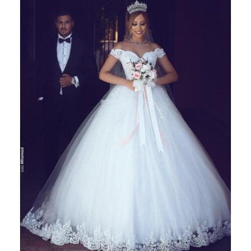 Arabic Off Shoulder Ball Gown Wedding Dresses Appliques Lace Long Garden Bridal Gowns Cheap Plus Size Bride Dress Vestidos de