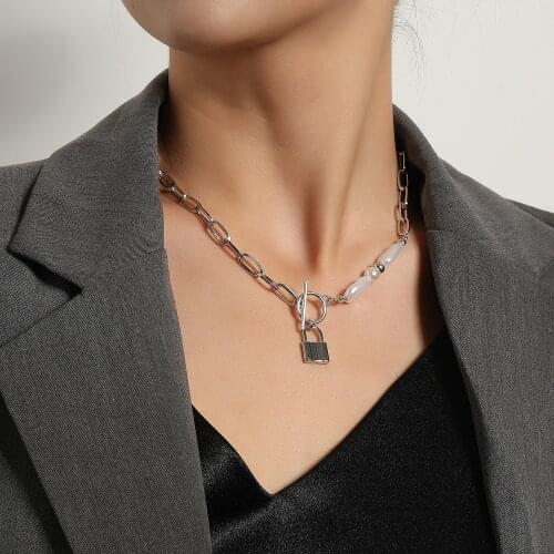 Asymmetric Chain Necklace Thick Chain Baroque Pearl OT Buckle Lock Pendant Necklaces For Women Fashion Party Jewelry Gift