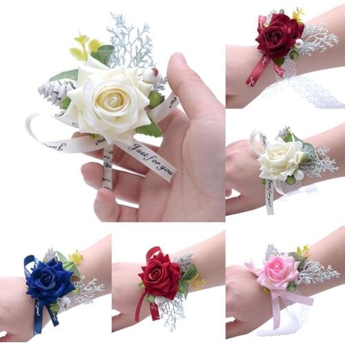 Bridal Corsage Wrist Flower Broom Boutonniere White Pink Colorful Rose Bridesmaid Hand Flower Bracelet Wedding Party Accessories