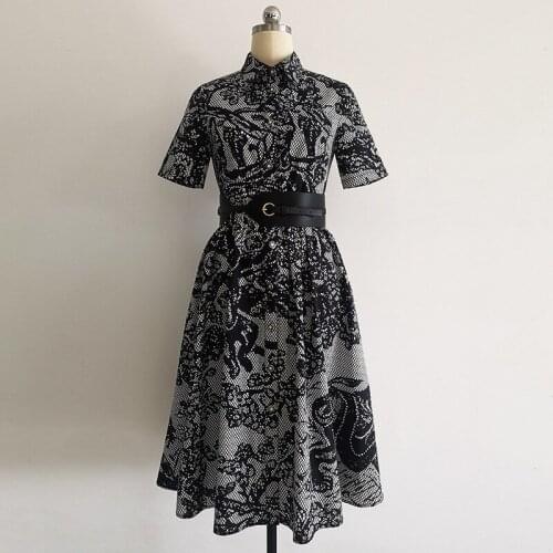 2021 Spring Summer OL elegant belt dress High quality print short sleeves dress B869