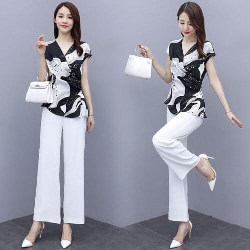 Pant Suits Female For Summer 2021 New Woman Set Pantsuits Elegant Chiffon Asymmetrical Tops & Wide Leg Trousers 2 Piece Clothes