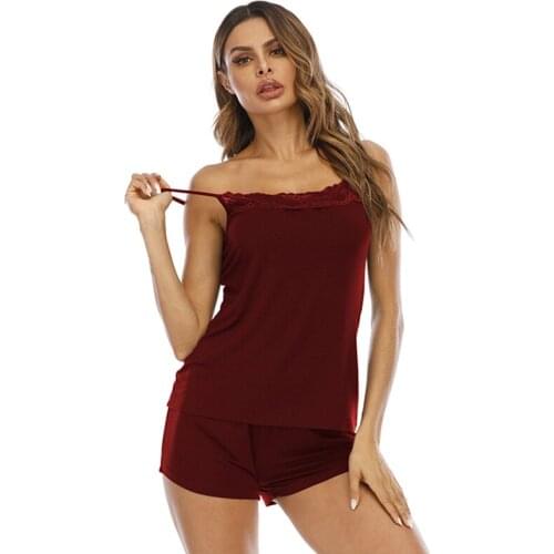 Summer New Sexy Lingerie Women Sleepwear Sleeveless Strap Nightwear Lace Trim Satin Cami Top Pajama Sets Underwear