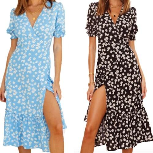 Y2K Summer Beach Maxi Dress Women Floral Print Boho Long Chiffon 2021 Ruffles Wrap Casual V-Neck Split Sexy Party Dress Robe