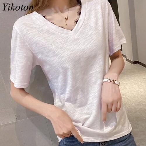 Summer Women T-Shirts Cotton Top White Sexy Lace V Collar Casual Short Sleeve Ladies Basic T-Shirt Fashion Tee Tops Shirt Blusa