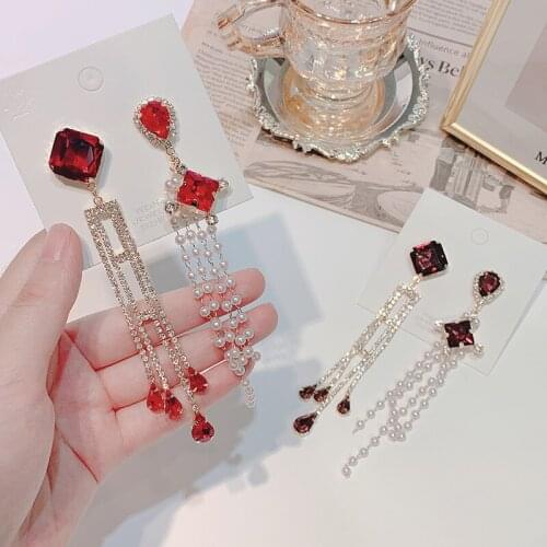 Fashion Crystal Asymmetric Drop Earrings Elegant Pearl Tassel Rhinestone Pendientes Jewelry