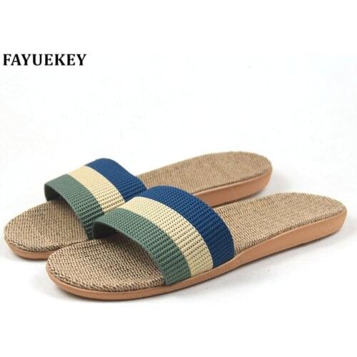 FAYUEKEY Fashion Summer Home Striped Linen Non-slip Breathable Slippers Men Indoor\Floor Beach Boys Open-Toed Slippers Shoes