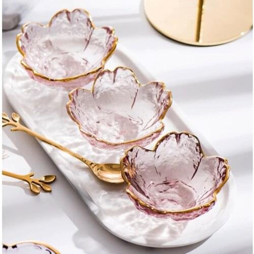 Small Glass Dish Nordic Style Gold Inlay Glass Sauce Bowl Mini Japanese Cherry Blossoms Seasoning Plate For Ice Cream Fruit Sala