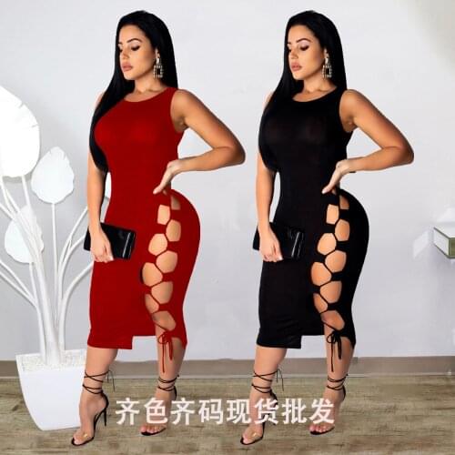 European and American Womens 2021 New Nightclub Womens Clothing Crocheted Hollow Drawstring Tie Sleeveless Summer Dress