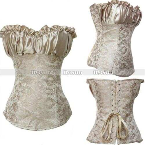 Champagne Brocade Overbust Zipper Corset Outerwear Lace up Boned Bustier Sexy Basque Plus Size Lingerie S-6XL
