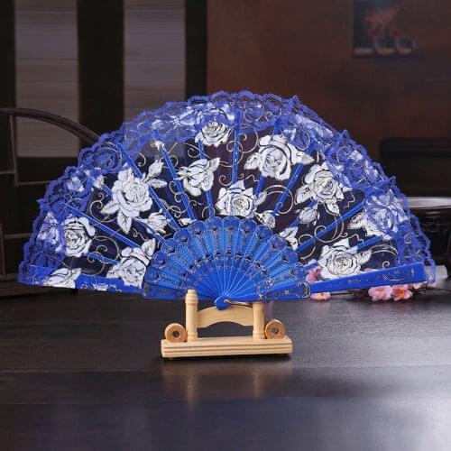 Plastic Room Decoration Durable Rose Lace Fan Folding Fan Party Classic Handheld Gold Stamping Wedding Chinese Style Fan