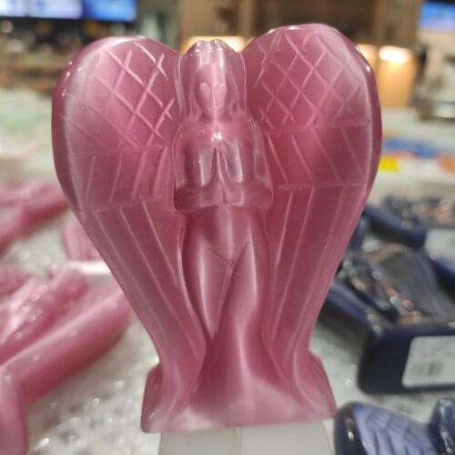 Natural Crystal Guardian Angel Hand Carved Cats Eye Gem Sculpture Healing Reiki Restored Mineral Quartz Home Wedding Decoration