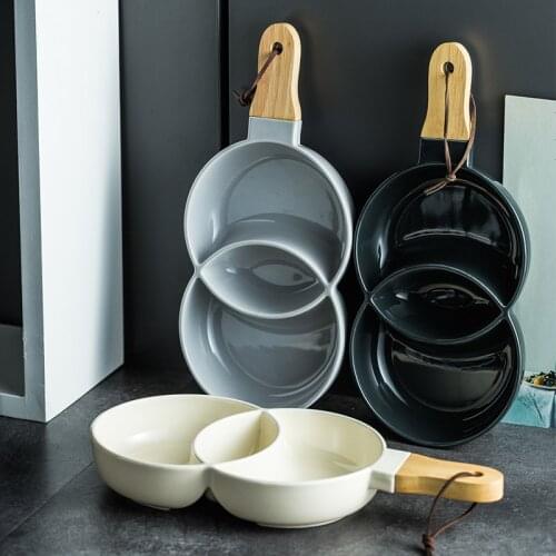 Wood Handle Salad Bowl Nordic Ceramic Plate Split Snack Tray Restaurant Creative Serving Plate Multiple Dinnerware Round Dishes