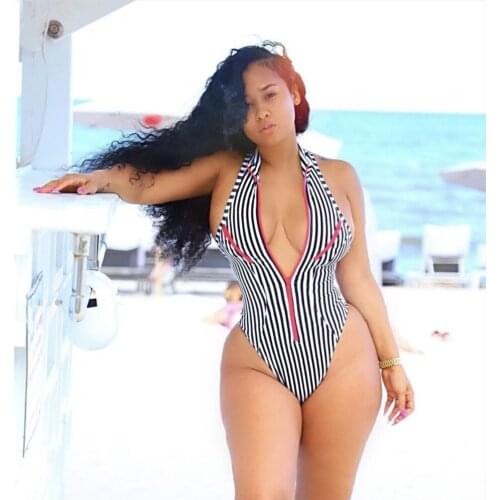 Sexy Swimwear One Piece Swimsuit Zipper Up Mesh Patchwork Sleeveless Monokini Push Up Bikini Beachwear Black White Striped