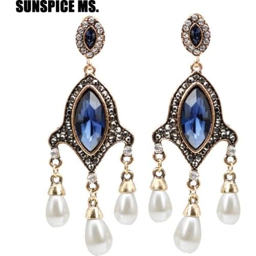 SUNSPICE MS Vintage Turkish Simulated Pearl Drop Long Earring Women Antique Earrings India Retro Jewelry Wedding Party Bijoux