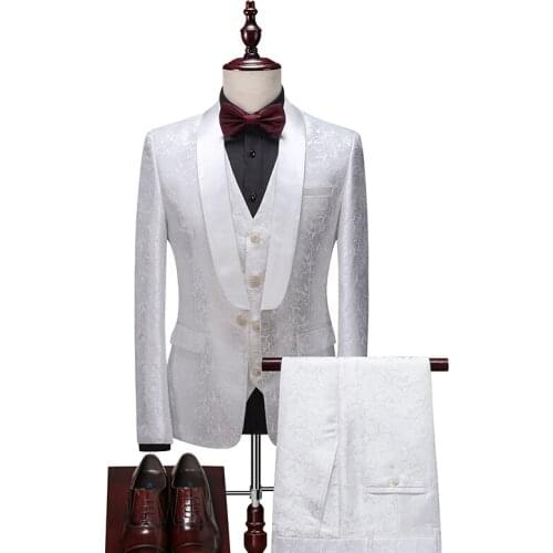White Floral Jacquard Mens Wedding Suits 2021 Tuxedo Jacket 3 Piece Groom Terno Dinner Party Suits for Men S-5xl