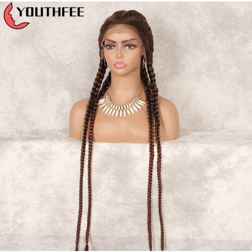 Youthfee Braided Lace Front Wig Synthetic Wig 35" Double Dutch Braided Wigs With Baby Hair For Black Women Box Braid Wigs