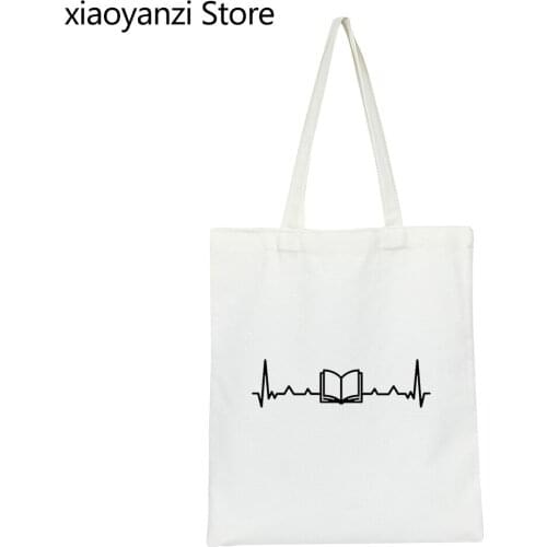Book Heartbeat Print Women Shoulder Bag Canvas Bag Casual Eco Reusable Shopping Student Books Bags Tote Fabric Canvas SL-410