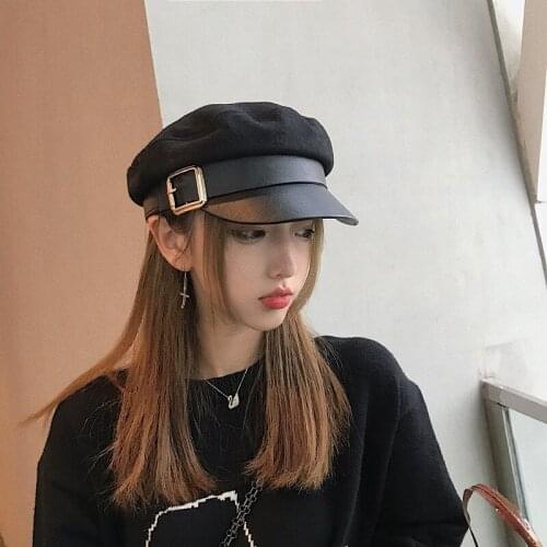 Women Black Military Hats Autumn Winter Fashion Wool Pu Leather Patchwork Newsboy Caps With Belt Female Gorras Ladies Beret Hats
