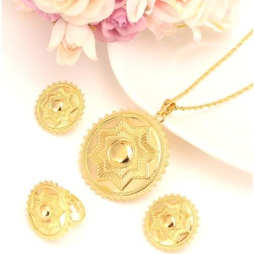 22 k Solid Gold Filled star polka dot Jewelry Set Habesha Eritrean Women Wedding Fashion Ring earrings pendant