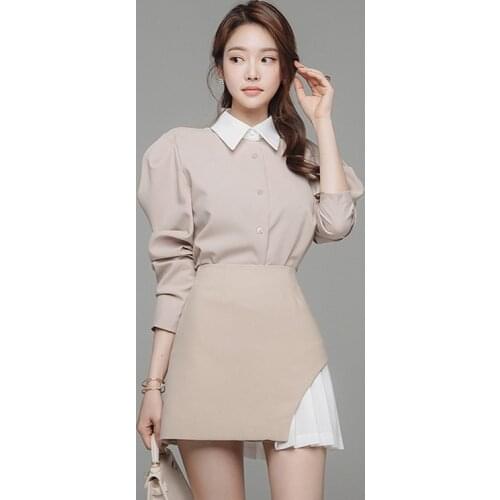 Fashion Autumn Runway 2 Pieces Set Women Long Puff Sleeve Turn Down Collar Shirt + Hight Waist Drapde Patchwork Mini Skirt Suits