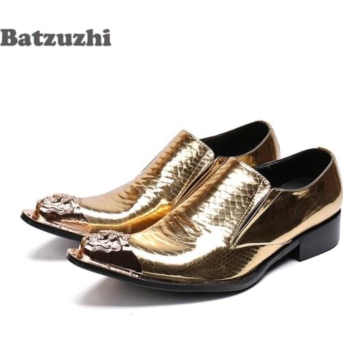 Batzuzhi Luxury Mens Shoes Pointed Iron Toe Gold Leather Dress Shoes Men Zapatos Hombre Formal Party and Wedding Shoes Men, US12