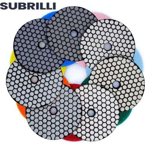 SUBRILLI 7pcs 100mm Diamond Dry Polishing Pad 4" Sharp Resin Bond Flexible Sanding Disk for Granite Marble Stone Polisher Wheel