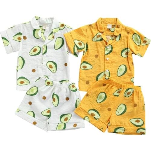Toddler Boy Pajama Set Cartoon Avocado Print Short Sleeve Button Top+Shorts Summer Cotton Sleepwear 2pcs