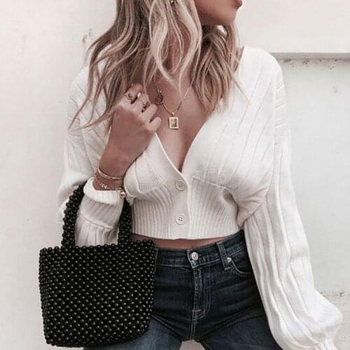 ETOSELL Autumn Women Sweater Knitted Deep V-Neck Lantern Sleeve Tops Solid Short Cardigan Sweaters