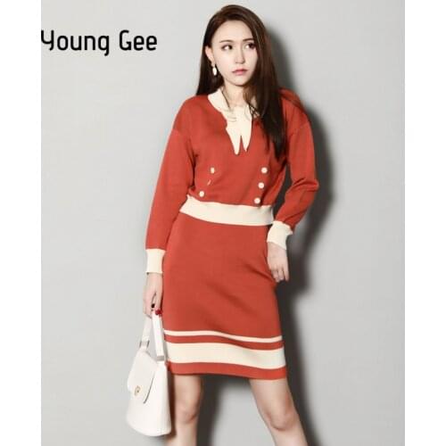 Young Gee Two Piece Sets Long Sleeve Turn-down Collar Sweater Contrast Color Tops And Mini Knitted Skirt Set Fashion Tracksuit