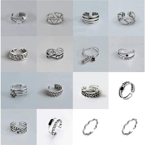 MEETSOFT Silver Plated Colour Adjustable Ring Group For Women Hollow Out Resin Crystal Star Chain Opening Retro Jewelry Gift