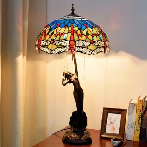 Retro mediterrenean blue dragonfly table lamp Tiffanys stained glass villa living room bar porch Goddess of girl desk lamps