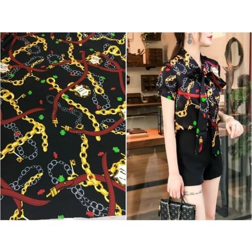 New black card chain printing 140cm wide heavy silk elastic satin fabric mulberry top natural silk skirt clothing fabric