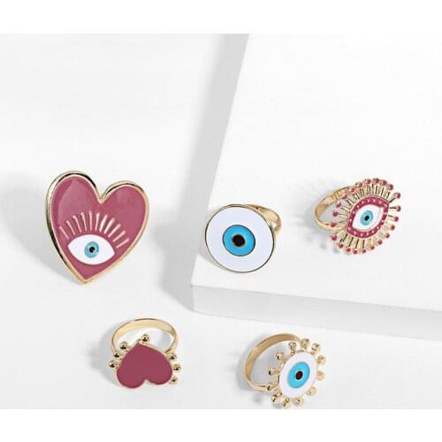 2019 New Red Heart Enamel Glaze Fireworks Shape Ring Blue Devils Eye Gold Metal Punk Finger Rings For Women Girls Party Jewelry