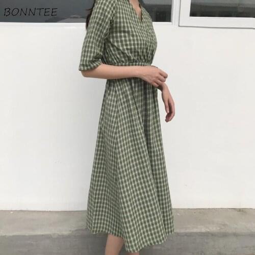 Short Sleeve Dress Women All-match Green Daily BF Summer Friends Plaid Leisure Stylish College V-Neck Simple Lovely Korean Style