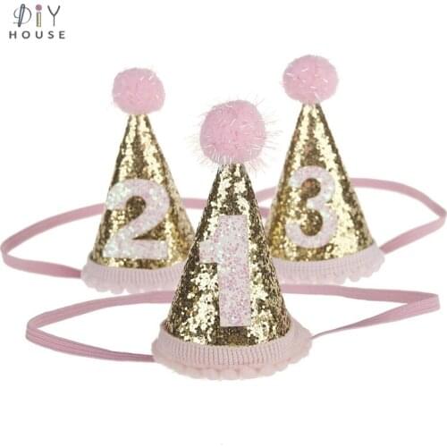 Popular Glitter Pompon Party Hats Hair Accessories Baby Shower Kids Birthday Party Princess Caps Photo Prop Decoration Headwear