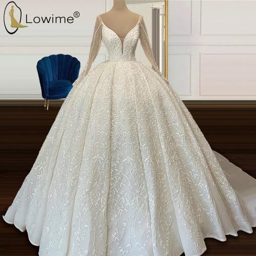 Luxury Long Sleeve Ruched Wedding Dresses 2020 Sexy Deep V Neck Applique Beads Ball Gown Bridal Gowns Custom Made