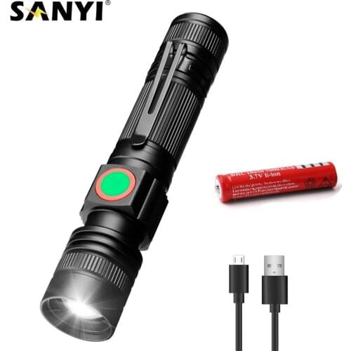 Sanyi USB Rechargeable LED Flashlight Powerful XML T6 LED 3 Modes Torch 18650 Lantern Waterproof Design Pen Hanging With Clip