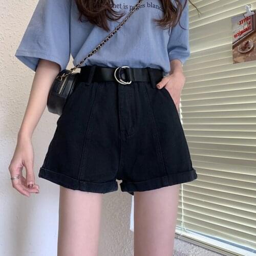 Summer Black Denim SHorts Women Thin High Waist Loose A-line Curled Wide Leg Hot Pants Girls Trendy Fashion Shorts with Belt