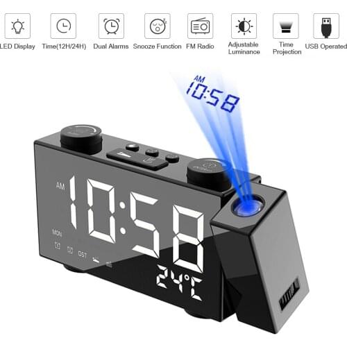 Yj Digital Clock Dual Alarm Clock With Snooze Function USB Brightness Adjustment LED Clock Projector 6 Inch FM Projection Radio