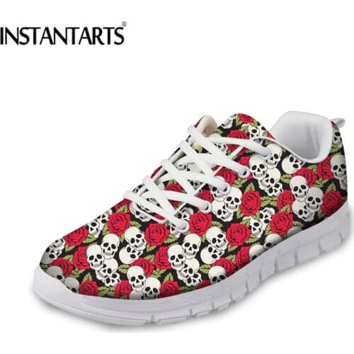 INSTANTARTS Pretty Flower Cartoon Skull Flats Women Sneakers Casual Shoes LightWeight Air Mesh Breathable Comfortable Shoes 2018