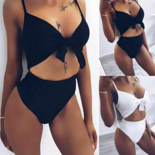 Womens One Piece Bikini Push Up Beachwear Swimsuit Bathing Suit Swimwear Bowknot Hollow Bandage Swimwear Swimsuit White Black