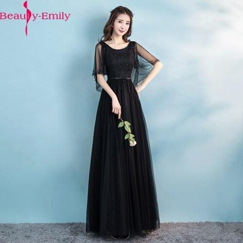 Elegant O Neck Tulle Evening Dresses Long Crystal Half Sleeve Beading Prom Party Gown Foraml Dress for Woman 3 Colors Available