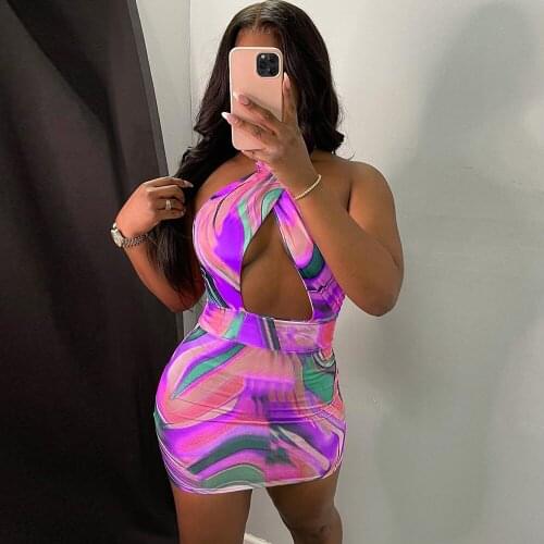 Womens Fashion Tie-Dye Print Skinny Dress Sexy Halter Bandage Backless Short Dress Chic And Comfortable Red Purple Green S-2XL